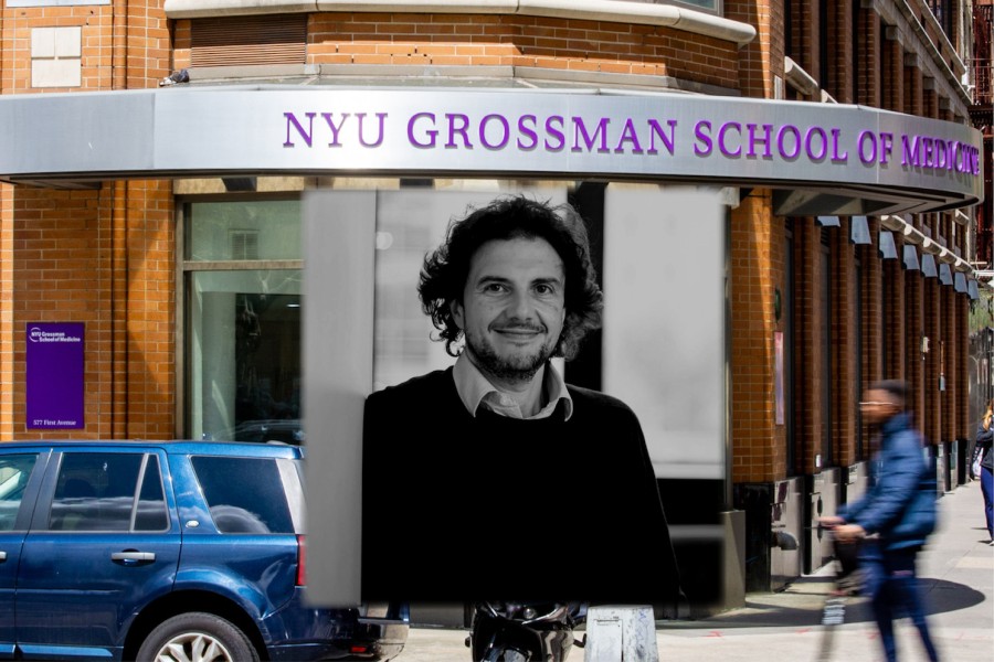 A+black+and+white+portrait+of+David+Sabatini+wearing+a+sweater+and+button+down+overlaid+in+front+of+the+NYU+Grossman+School+of+Medicine+building.+People+are+walking+in+the+background+outside+the+building+and+a+large+sign+with+%E2%80%9CNYU+Grossman+School+of+Medicine+is+in+the+front.