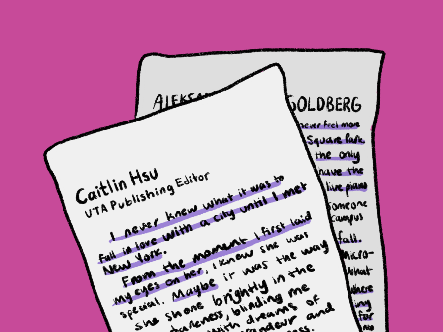 Illustration with a pink background and two sheets of paper. On the first sheet of paper, the first section of WSN editor Caitlin Hsus college application essay. On the second sheet of paper, partially hidden by the first, is WSN editor Aleksandra Goldbergs college application essay.