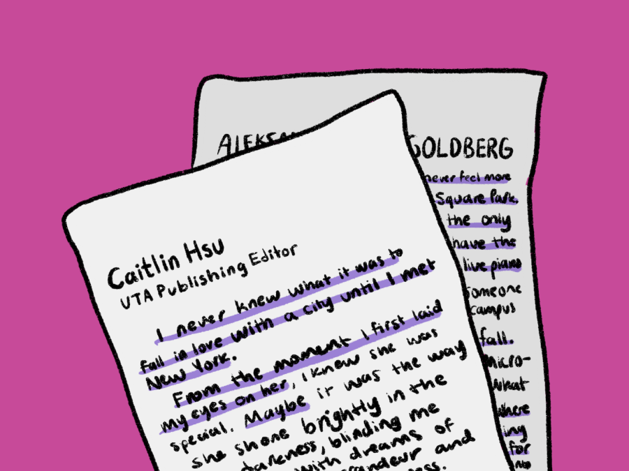 Illustration+with+a+pink+background+and+two+sheets+of+paper.+On+the+first+sheet+of+paper%2C+the+first+section+of+WSN+editor+Caitlin+Hsus+college+application+essay.+On+the+second+sheet+of+paper%2C+partially+hidden+by+the+first%2C+is+WSN+editor+Aleksandra+Goldbergs+college+application+essay.