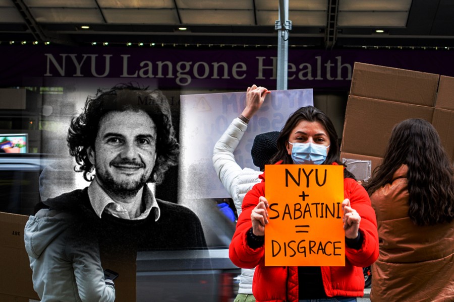 A protester holding up a sign saying “NYU + Sabatini = Disgrace” in front of the NYU Langone Health Center. A black-and-white headshot of Sabatini is superimposed on the left.