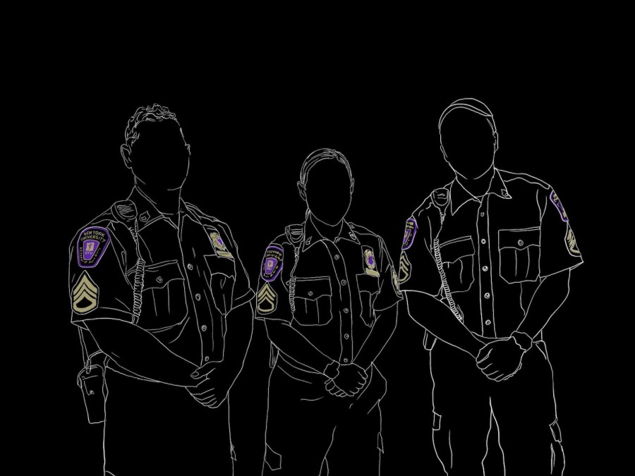An illustration of the silhouettes of three NYU Campus Safety officers, standing with the hands clasped in front of their bodies. None of their faces have been drawn.
