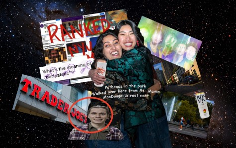 Collage of images and objects featured in WSN’s ranked column during the 2021-22 school year. At the center, Sabrina Choudhary and Joey Hung, the writers of the column, set against a background of a photograph of the Andromeda galaxy. The images and objects include a photo of the Trader Joe’s logo, a screenshot from the NYU Affirmations Instagram page, the Washington Square Park fountain, WSN Managing Editor Trace Miller, two cans of hard seltzer, Washington Square Mews, and a collage with the words “Ranked: NYU.”