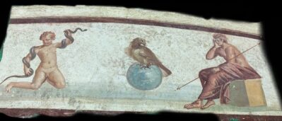 A light blue fresco painting depicts young Hercules with a snake wrapped around his arms, a large bird resting on a blue sphere and a man sitting down against a light blue background.