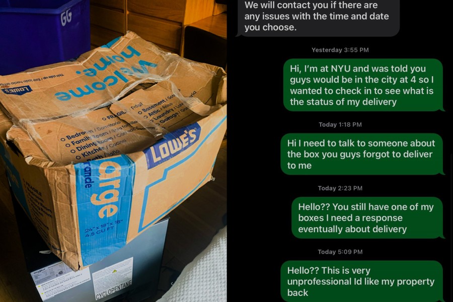A+wrinkled+and+badly+taped+paperbox+in+the+left+and+a+series+of+text+messages+of+a+customer+complaining+about+unresponsive+customer+service+on+the+right