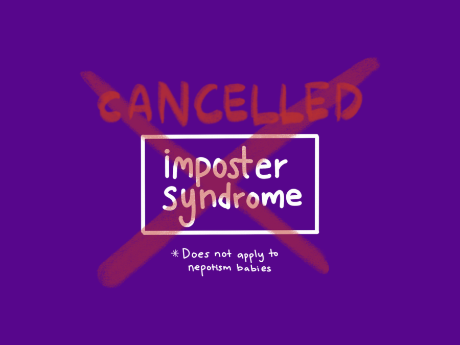 An illustration of a red cross and bold text saying “Canceled” on top of text saying “imposter syndrome” in white.