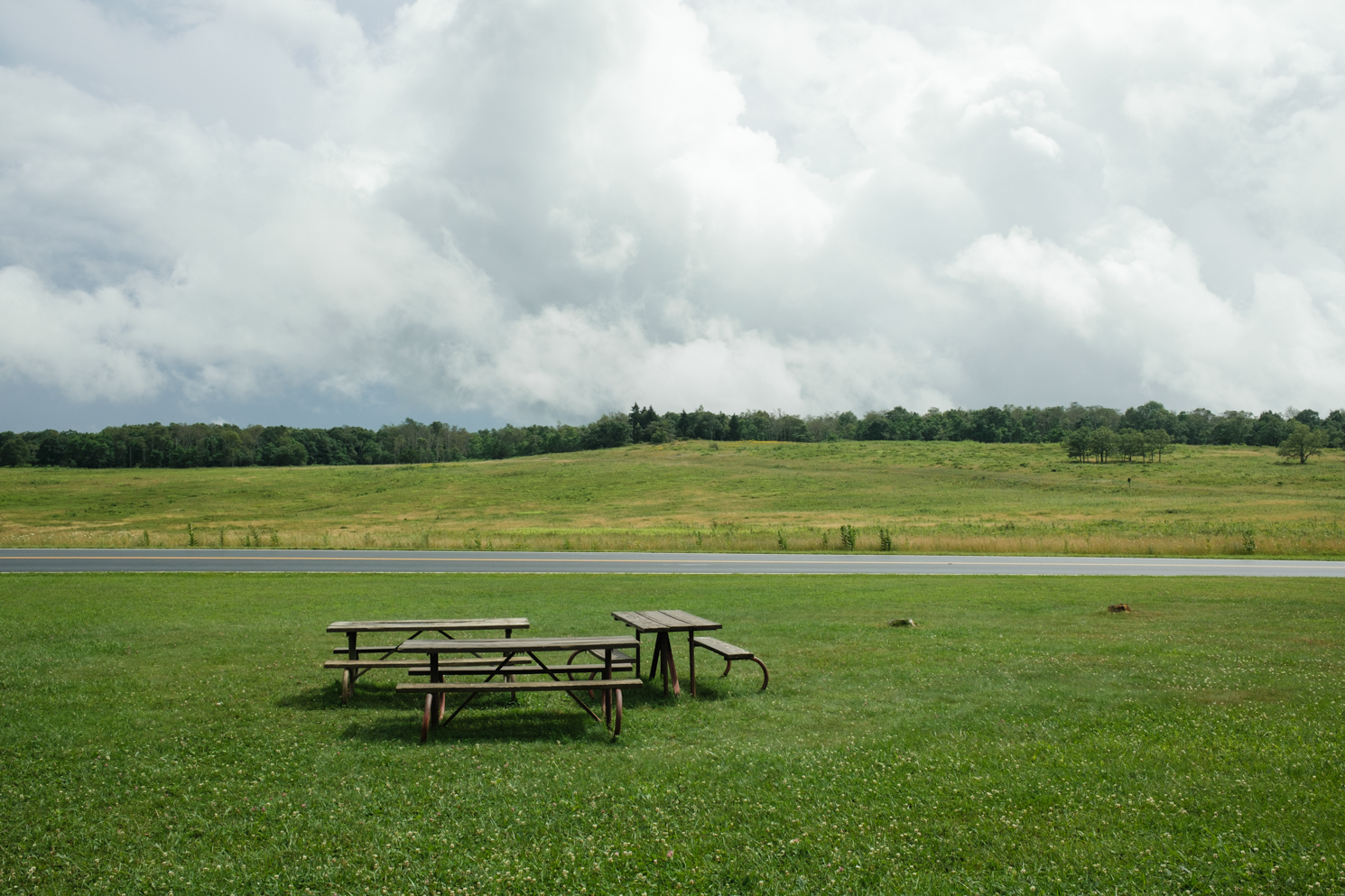A group of three picnic tables on a field of green grass under a cloudy sky with forest over the horizon.