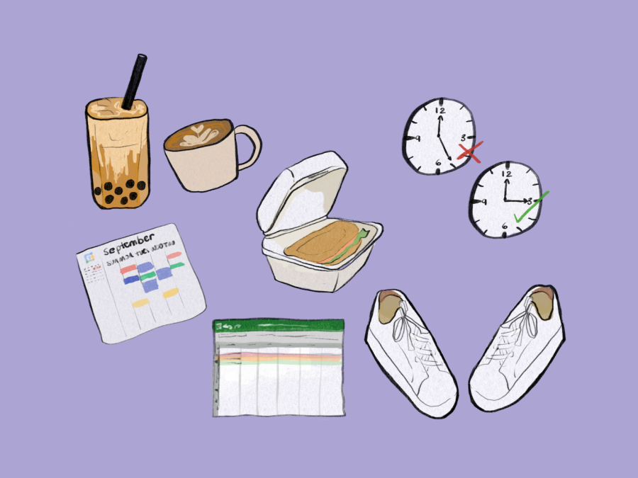 A light purple background with illustrations of boba tea, coffee, white shoes, a sandwich in a container, Google Calendar, a spreadsheet and two clocks.