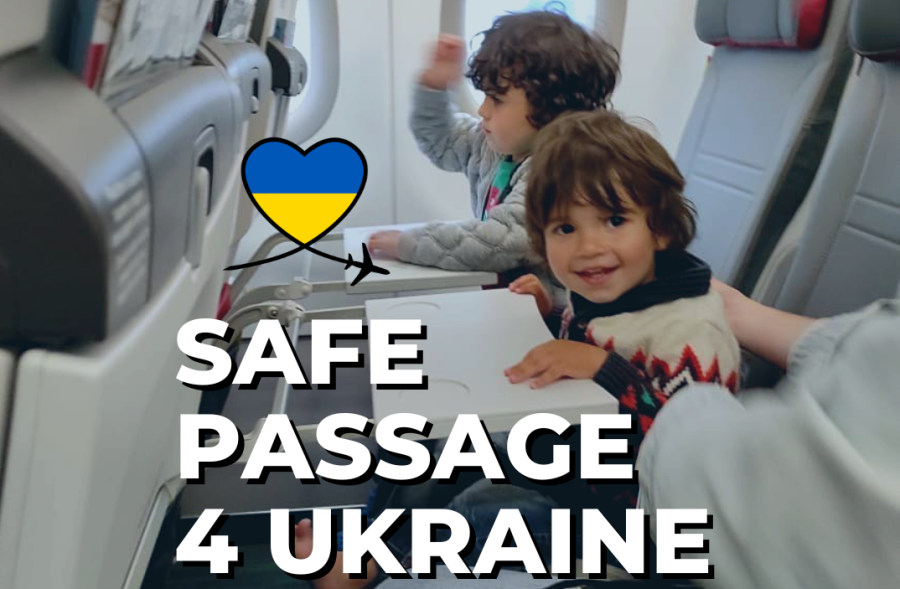 Two children sitting on airplane seats with overlaid text saying “Safe Passage 4 Ukraine”