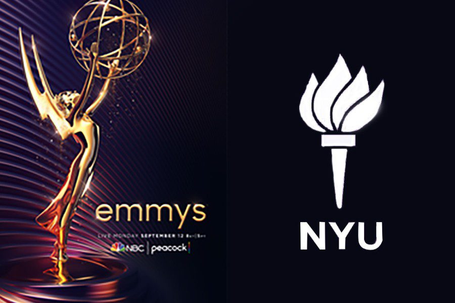 An icon of the Emmy Award is on the left with a black-and-white New York University logo on the right.