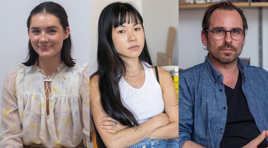 A collage of environmental portraits of studio artists. From camera left to right: undergraduate student Ella Zona in her studio, graduate student Lizzy Chemel in her studio, and Professor Anthony Graves in his home studio.