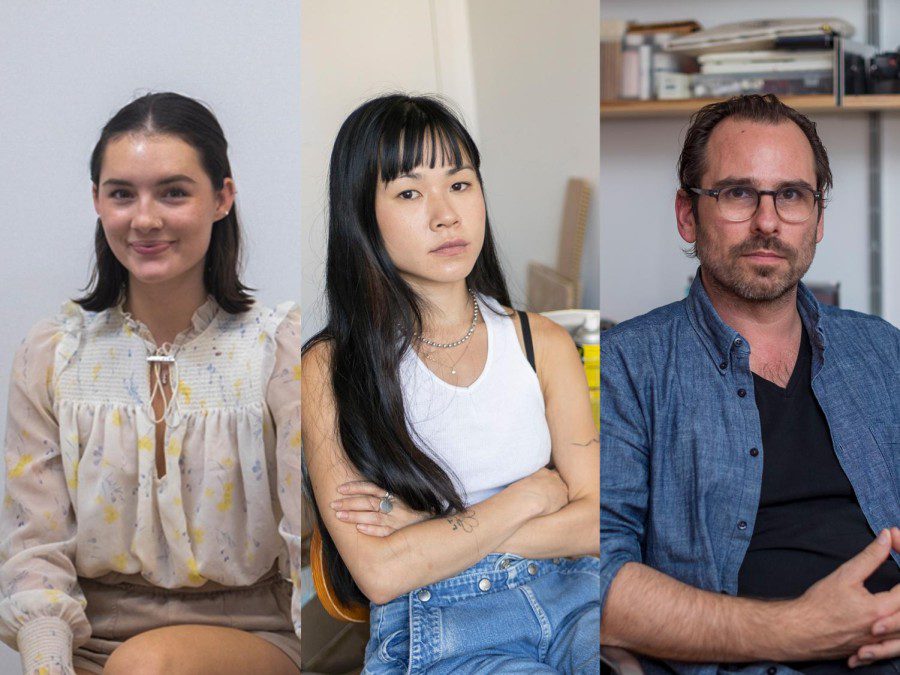 A collage of environmental portraits of studio artists. From camera left to right: undergraduate student Ella Zona in her studio, graduate student Lizzy Chemel in her studio, and Professor Anthony Graves in his home studio.