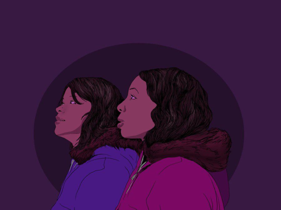 An illustration of two Black women side by side and surrounded with a dim purple light. The woman on the left is dressed in a purple jacket. The woman on the right is dressed in a pink jacket.