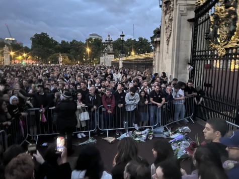 A large crowd of people stand behind barricades at Buckingham Place.