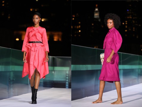 Woman walks down the aisle in a salmon dress with a black belt and boots; A woman poses on the runway with a fuschia dress and bare feet.