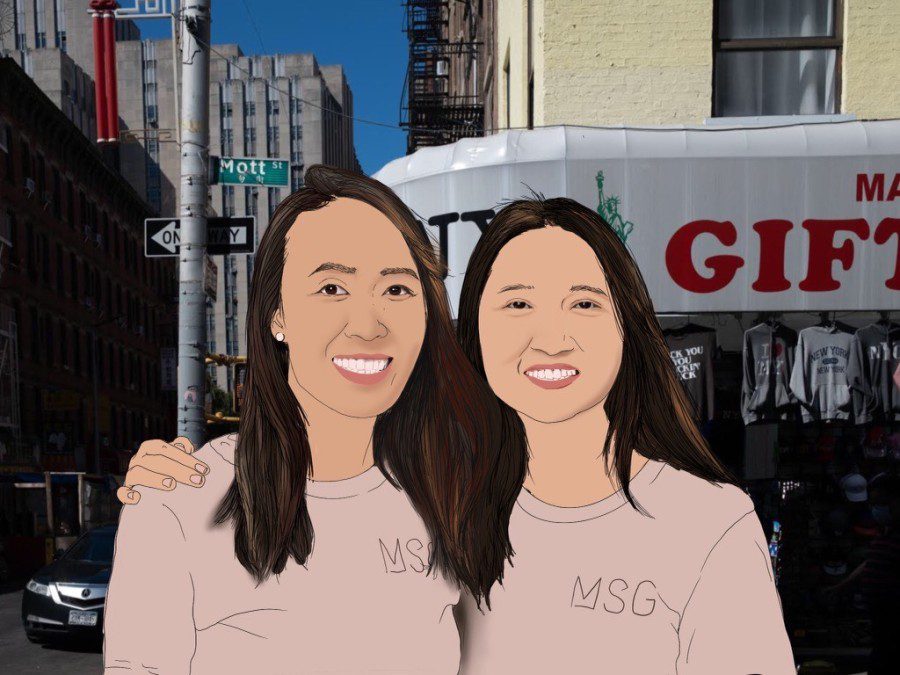 An illustration of two girls posing next to each other, smiling, near a gift shop.