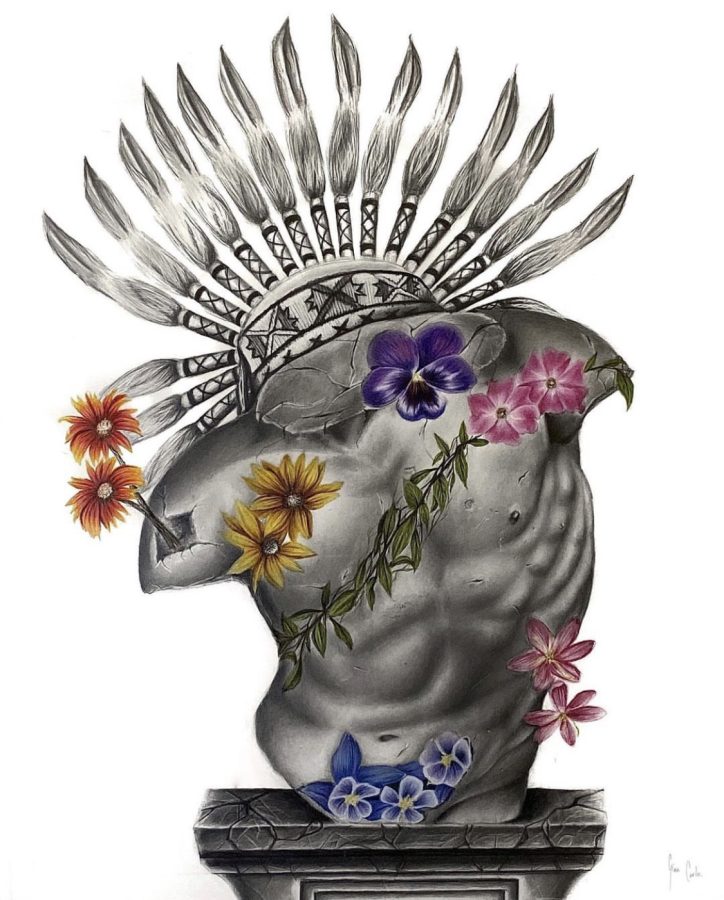A shirtless torso drawn in graphite is surrounded by orange, purple, yellow and pink flowers. The torso also has a headdress balancing on the shoulders of the torso.