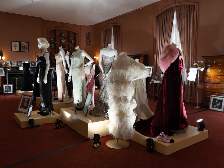 Gowns are shown on podiums in a large maroon room.