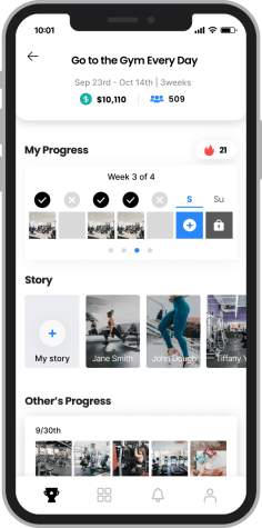A phone has the 021 app open, depicting the user’s progress toward their fitness goals.
