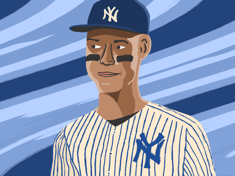 Illustration of baseball player Aaron Judge in a New York Yankees jersey, eye black and cap with a background of blue stripes.