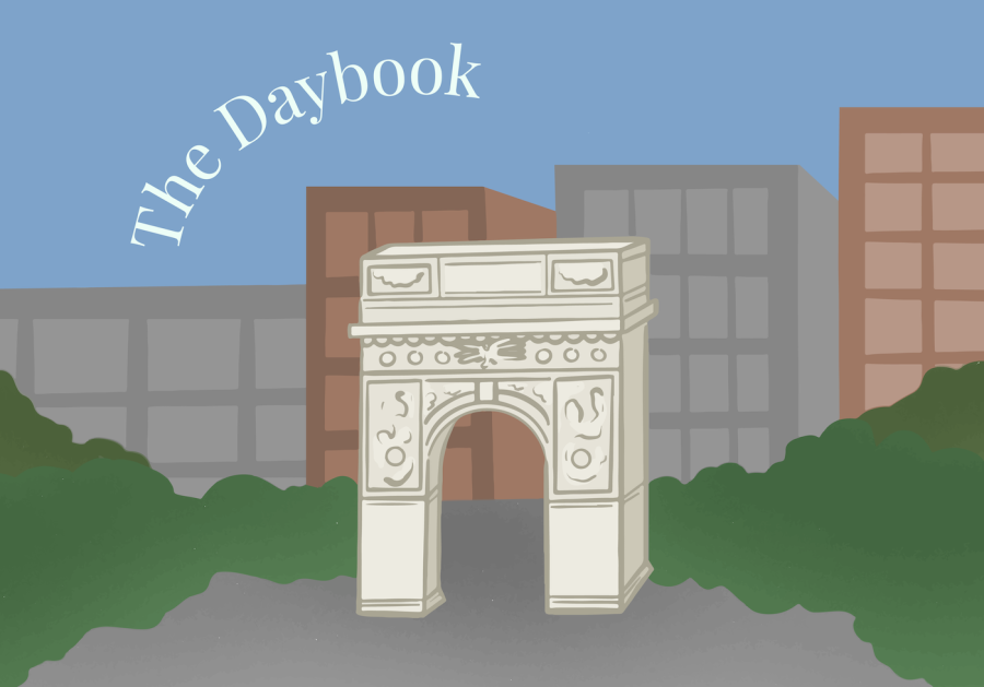 Illustration of the Washington Square Arch.  Behind the arch, gray and brown high-rise buildings alternate.  In the upper right corner of the word 
