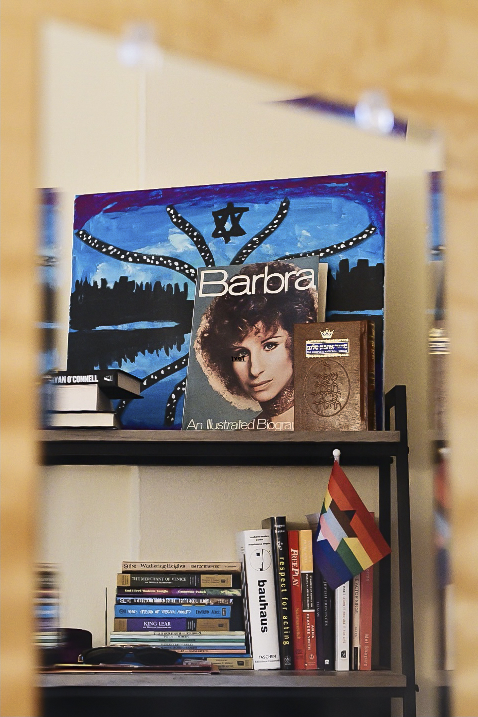 On top a shelf are contemporary Jewish art, a prayer book and an illustrated biography of actor-singer Barbra Streisand.