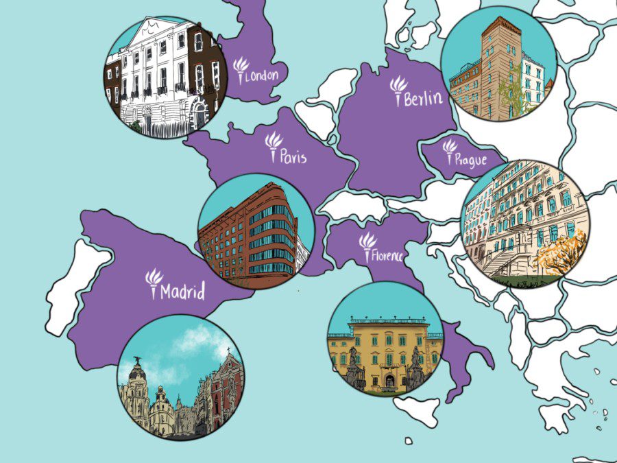 An illustration of a map of Europe with the United Kingdom, France, Germany, Czech Republic, Italy and Spain painted purple with white New York University emblems. Each country has one city labeled, which are London, Paris, Berlin, Prague, Florence and Madrid. Illustrations of New York University global sites’ buildings are included next to each country on the map.
