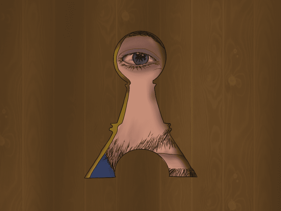 Illustration. An eye looks through a keyhole shaped like the Eiffel Tower.
