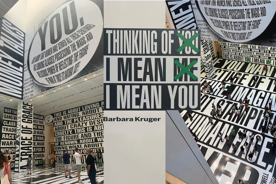 A collage of three photos contains black texts on white background or white text on black background displayed in atrium of the Museum of Modern Art.