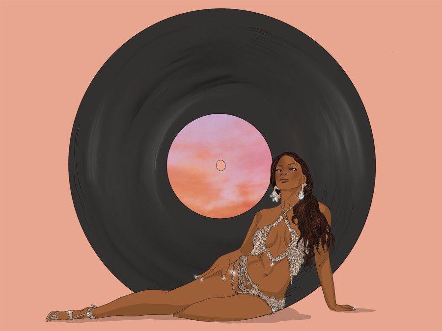 A woman lays in front of a large vinyl record in a shimmering top and bottom, wearing long earrings and sparkling heels.