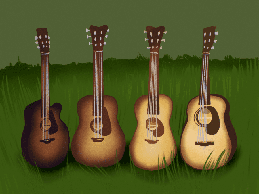 Four guitars with varying shapes and colors stand on grassland.