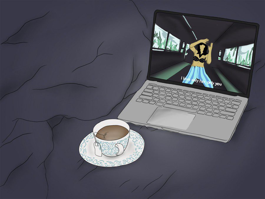 A cup of tea and a laptop displaying the film “Ruined Heart” on dark blue beddings.