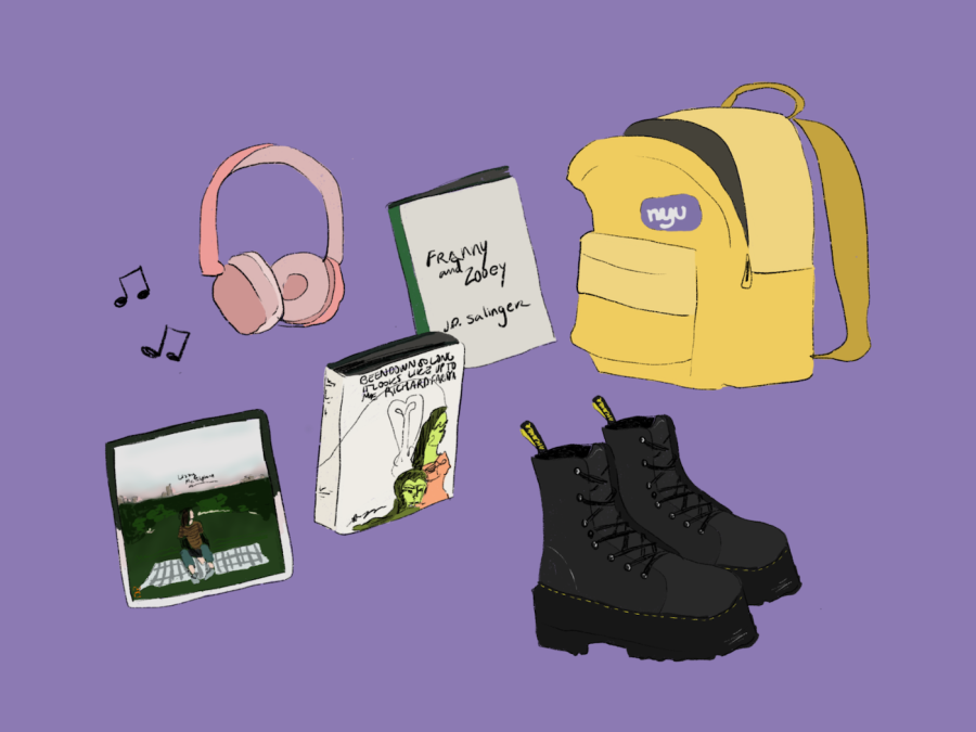 Against a light purple background lie pink headphones, a yellow backpack, a pair of black boots, two books and a picture.