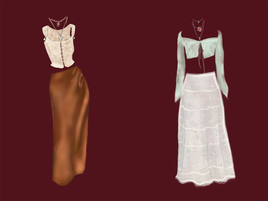 A long brown skirt and white sleeveless top with a cross necklace is to the left, and a long white skirt and teal long-sleeve top is on the right. The two outfits are in front of a red background.