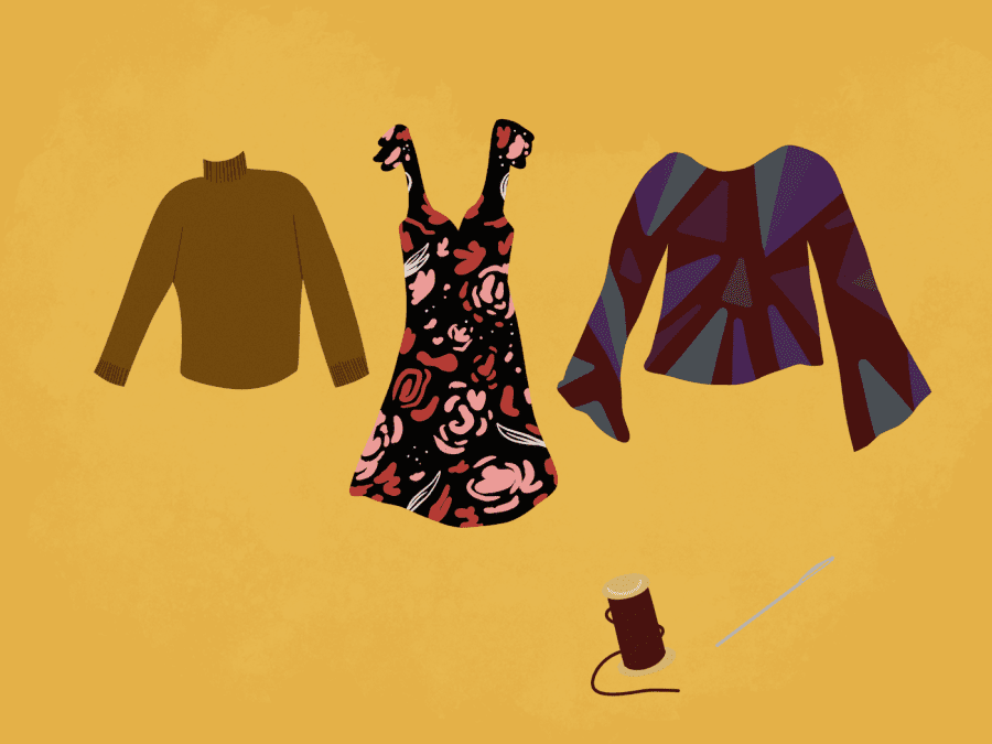 Illustrations+of+a+brown+long-sleeved+turtleneck+shirt%2C+a+long+floral+pink-and-black+dress%2C+a+long-sleeved+maroon-colored+top+with+a+mosaic-like+pattern%2C+as+well+as+a+needle+with+a+brown+spool+of+thread.
