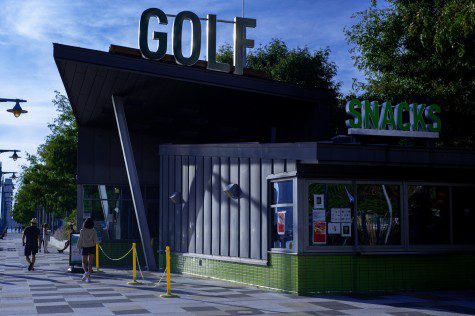 A building with a green accent color with large signs reading “GOLF” and “SNACKS” on the rooftop.