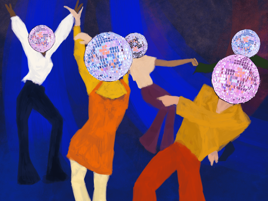 Five characters dance around with disco balls for heads. They are dressed in disco attire that is yellow, white, orange, red, purple and green on a dark blue background.