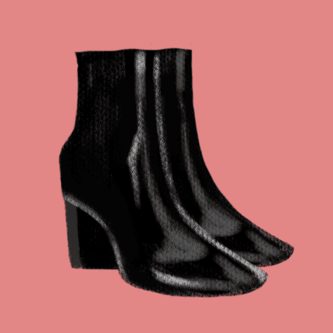 Illustration of plain black leather boots with a small heel on a light red background.