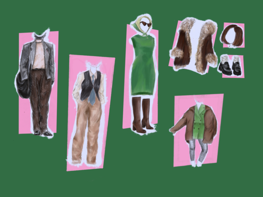 Illustration of five sets of fall season outfits against a green background.