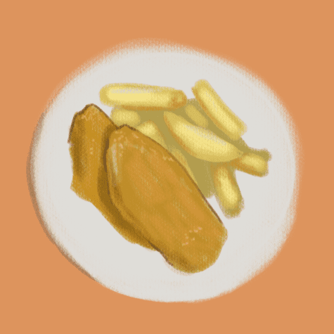 Illustration of fish and chips on a white plate with a light yellow background.