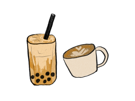 An illustration of boba tea on the left and coffee with foam art on the right.