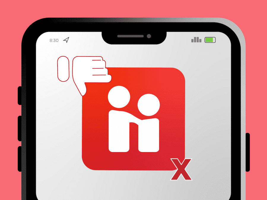 An+illustration+of+the+Handshake+app+logo+as+seen+on+a+phone+screen.+The+satirized+logo+includes+two+figures+pointing+their+thumbs+down.