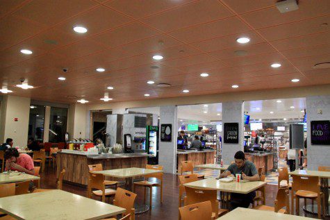 Students sit and eat at dining tables and chairs in the foreground. Food court vendors are in the background.