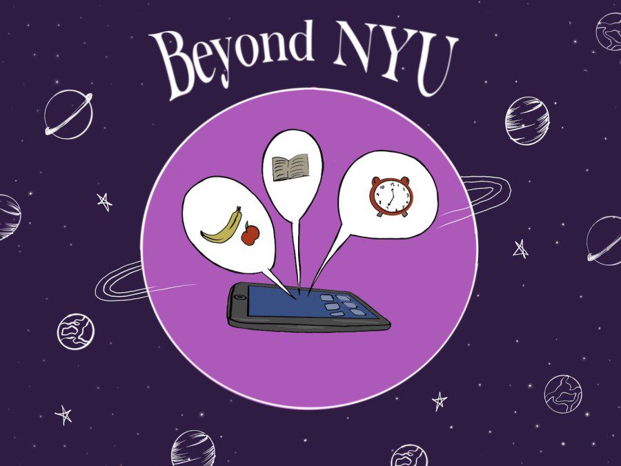 Three voice bubbles with a banana and an apple, a book and a clock emerge from a phone. The image is enclosed in a purple circle, and a depiction of space is in the background.