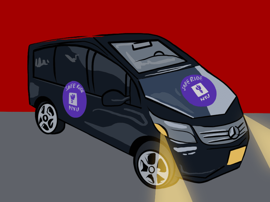 An illustration of a black car with an NYU Safe Ride logo on the hood and side.