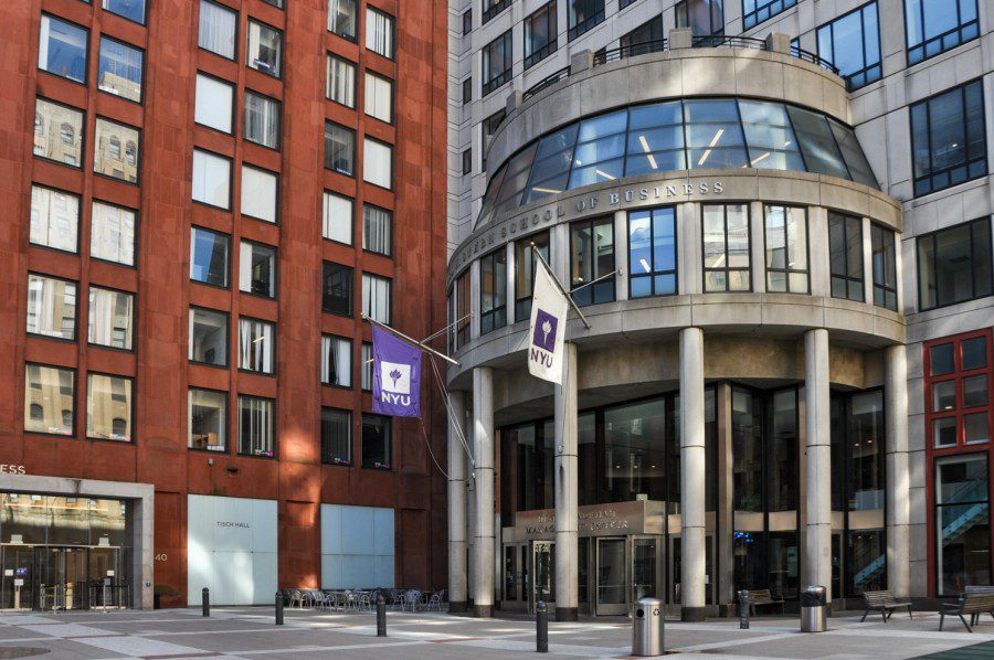 An exterior view of the Stern School of Business. The Tisch Hall to the right, the Kaufman Management Center to the left and Gould Plaza at the bottom.