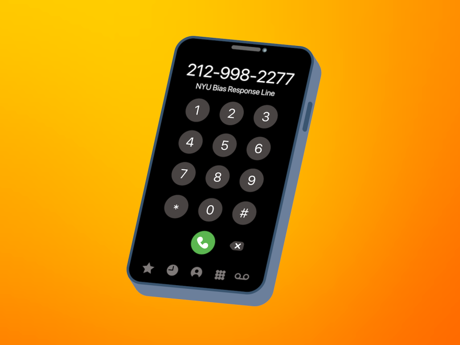 An illustration of the Phone app on an iPhone. The number for NYUs Bias Response Line is being dialed.