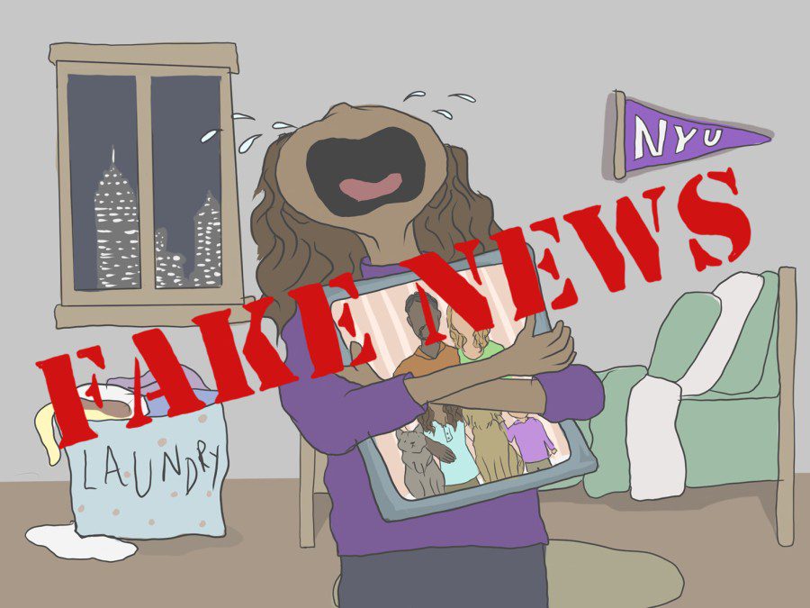 A person sits in bed and cries while holding a family photo. They are sitting in their college dorm bedroom, and a New York University flag hangs on the wall. The text “FAKE NEWS” is written across the image in red.