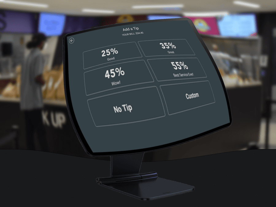 A warped illustration of an iPad with a tipping screen displayed, with 25%, 35%, 45%, 55%, no tip, or custom tip available as options, against a blurred photograph of a Weinstein dining hall.