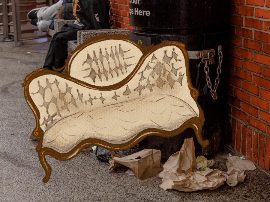 A Victorian couch sits on top of a pile of trash in the 49th Street subway station.