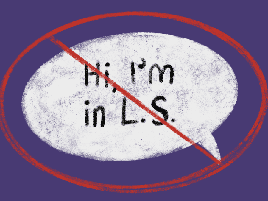An illustration of a crossed-out text bubble which says, Hi! I’m in Lberal Studies,” against a purple background.